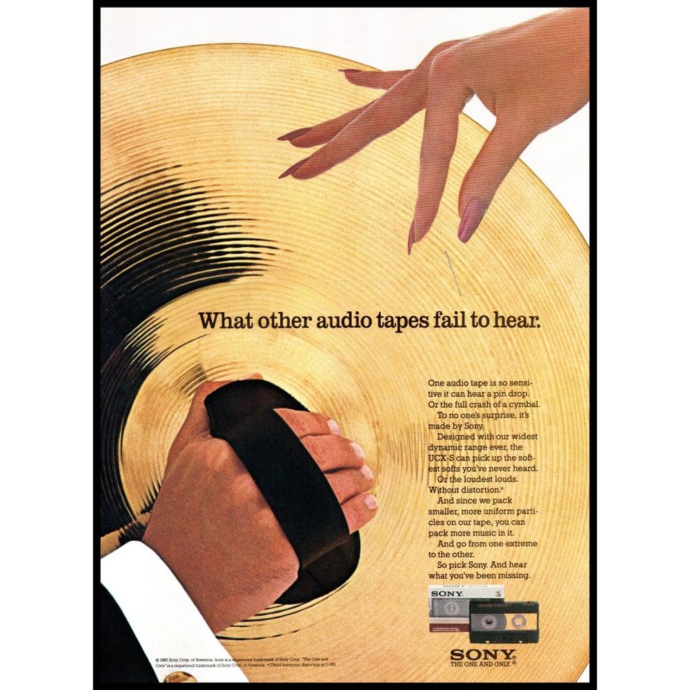 1986 Sony Blank Cassette Tape Vintage Print Ad Cymbals Pin Drop Wall Art Photo